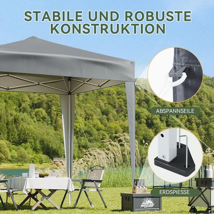 Aoxun Pop Up Pavillon 2x2m Wasserdicht mit 4 Seitenwänden, Metallrahmen-Schutzzelt, Höhe Verstellbar, Faltpavillon 2x2 mit Tragetasche für Camping Party, Grau – Bild 4