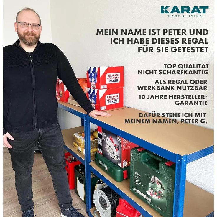 KARAT Schwerlastregal, 2er Set, 30 x 75 x 150 cm Steckregal, Kellerregal, Lagerregal - TÜV/GS-geprüft - 5 verstellbare Böden (Blau) – Bild 5
