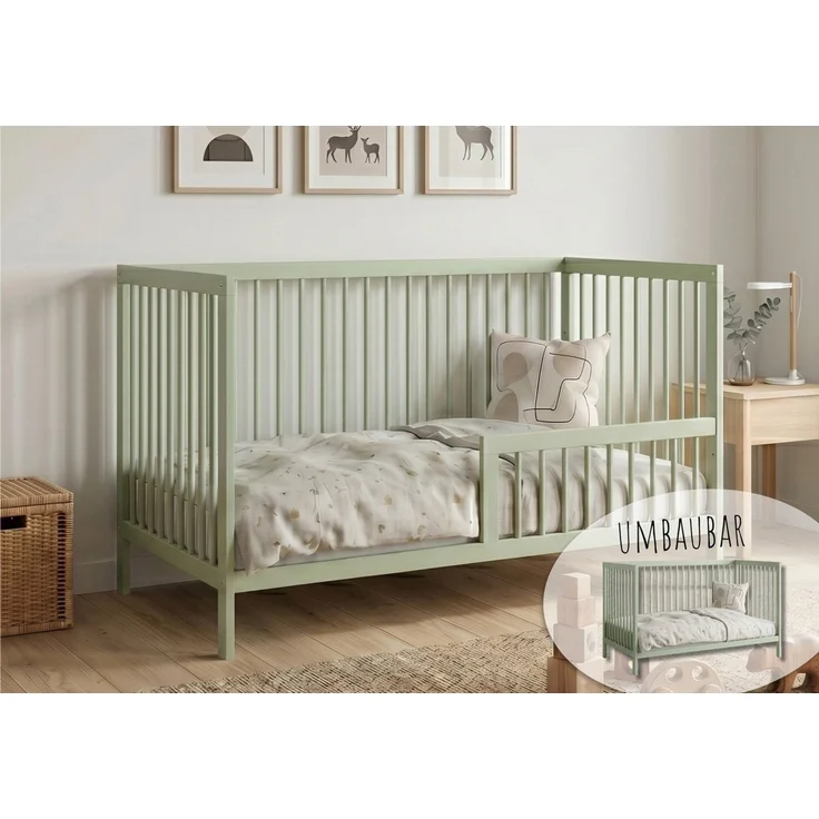 Kids Collective Babybett Kinderbett Gitterbett Baby Bett mit Rausfallschutz 60x120 70x140, stabiles Buchenholz, made in Europe 70x140 cm Grün – Bild 1