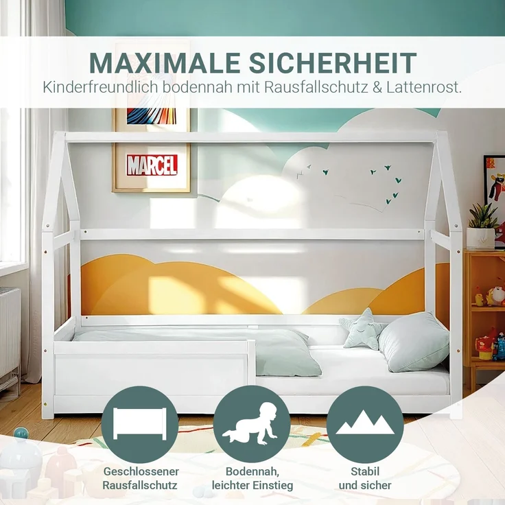 Kinderbett 90x200 cm Bodenbett Hausbett Holzbett Rausfallschutz Montessori Bett Weiß Kleinkinderbett Lattenrost – Bild 5