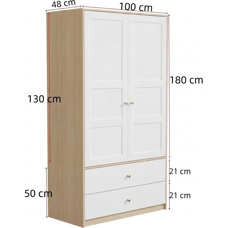 ZUBALIYA Doppeltüriger Kleiderschrank, 2-türiger Kleiderschrank, mit 2 Schubladen und Kleiderstange, Schlafzimmermöbel, Garderobenschrank, Kleiderschrank mit Kleiderstange, 100 x 48 x 180 cm,Weiß und Holzoptik – Bild 6