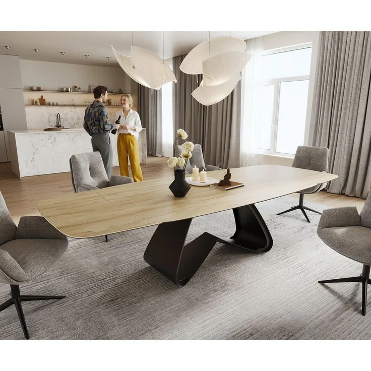 Esstisch Edge Boot 200-300x120 cm Keramik Laminam® Sabbia Eichefarbig W-Gestell Metall Schwarz ausziehbar