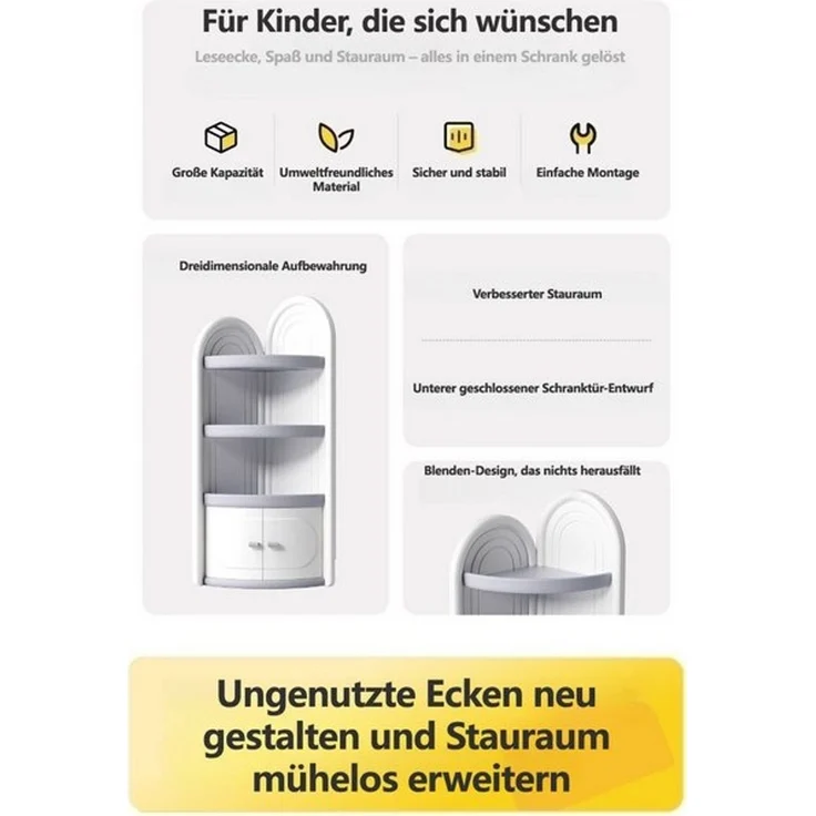 habeig Kinderregal Eckschrank für Kinderzimmer, Weiß-Grau, 138cm Höhe, Türen, abgerundete Kanten, Aussparung für Fussbodenleiste – Bild 4