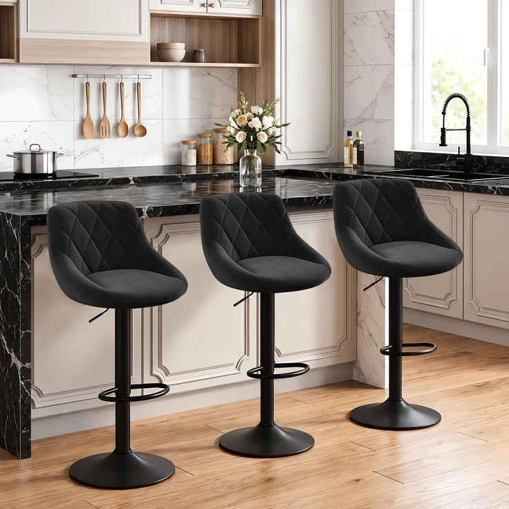 WOLTU Barhocker 3er Set, Barstuhl Höhenverstellbar, Samtsitz, Schwarz | Drehbarer Bar Stool mit Rückenlehne und Fußstütze, rutschfeste Metallfüße, für Küche und Hausbar