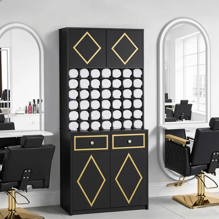 BarberPub Handtuchschrank mit 2 Schubladen, 42 Offenen Fächern & 4 Schränken, Badezimmerschrank Schwarz, Hochschrank Aufbewahrungsschrank Holz für Friseursalon, Schönheitssalon 40x80x180 cm, R6194 – Bild 2