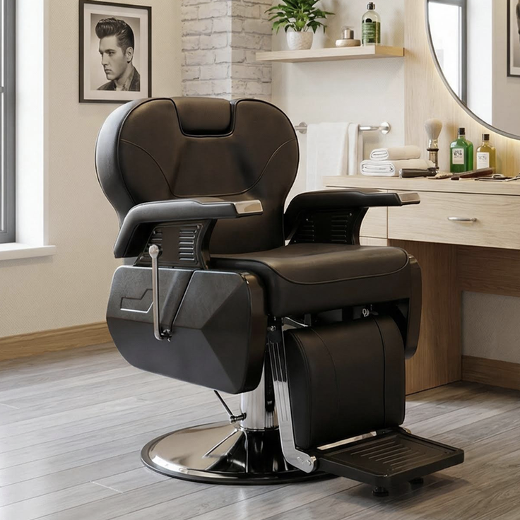 HOME NATURE WOHNKONZEPT Schwerlast Friseurstuhl hydraulisch, Barberstuhl höhenverstellbar, 360° drehbar, mit neigbarer Rückenlehne & Fußstütze, Kunstleder, Schwarz