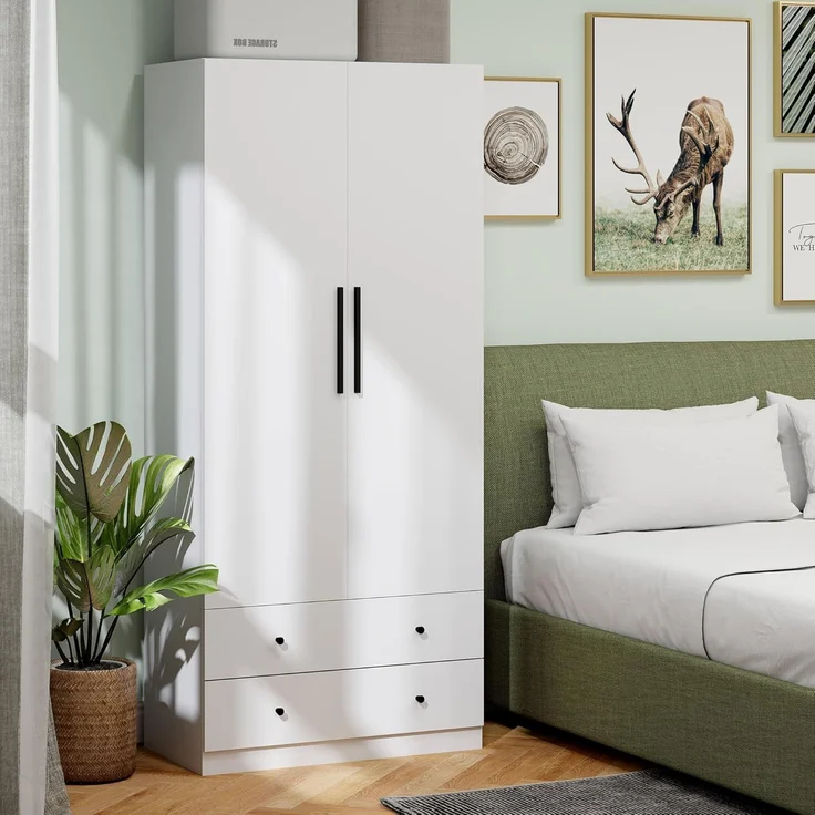 HOMCOM Kleiderschrank 2-türig mit Kleiderstange und 2 Schubladen (Garderobenschrank, 1-St, Mehrzweckschrank) für Schlafzimmer 79 x 43 x 180 cm Weiß – Bild 7
