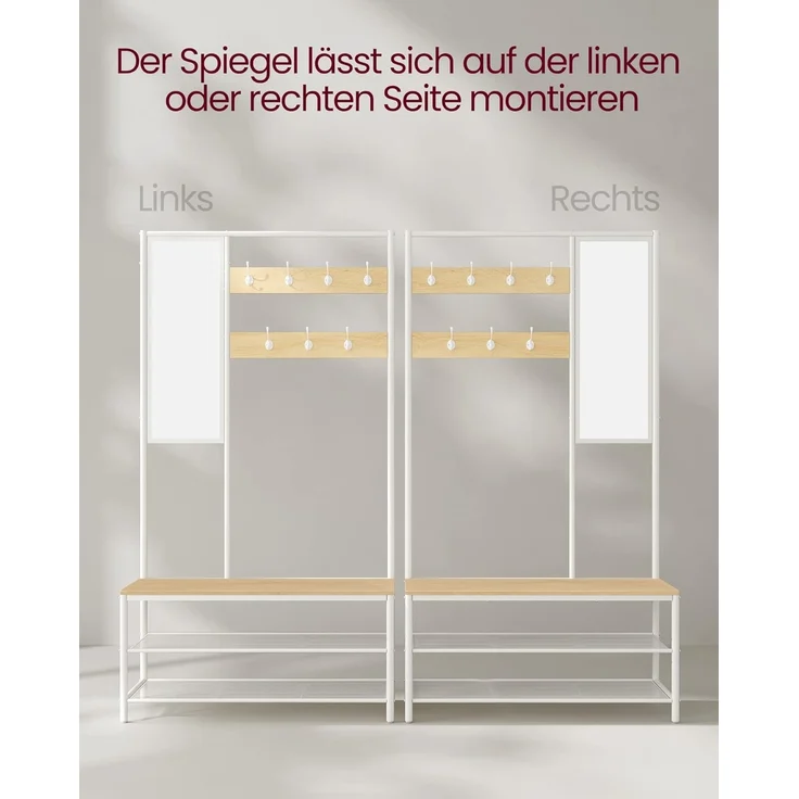 VASAGLE Kleiderständer, Garderobe, Garderobenständer mit Haken, Spiegel, Sitzbank, 35 x 98 x 180 cm, für Eingangsbereich, Schlafzimmer, Wohnzimmer, modern, eichenfarben-weiß HSR415W09 – Bild 4