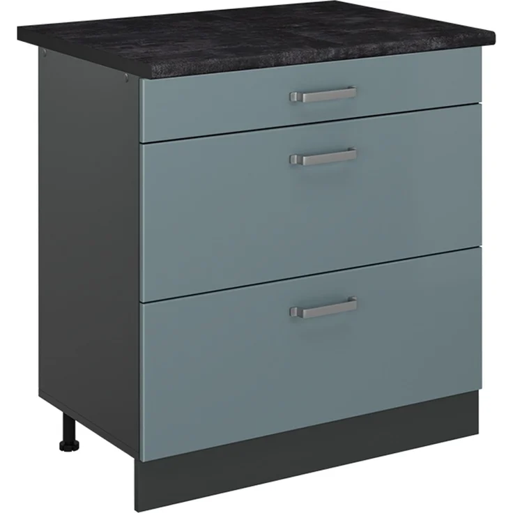 Küchenunterschrank R-Line Blau-Grau/Anthrazit 80 cm mit 3 Schubladen Arbeitsplatte Anthrazit Vicco – Bild 1