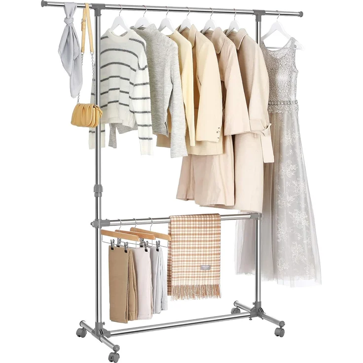 Songmics Kleiderständer höhenverstellbar, ausziehbare Kleiderstange und zusätzlicher Stange im mittleren Bereich, silber-graugrün, LLR401, (101-166) x 49 x (113-198) cm – Bild 1