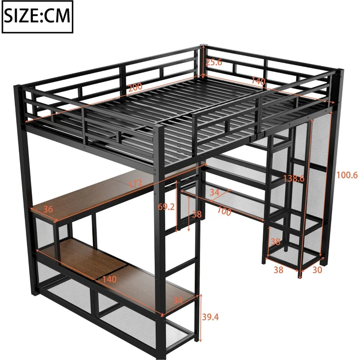 U-life Metall-Hochbett 140x200 cm mit Schreibtisch, offenem Kleiderschrank, USB-Ladestation und LED-Beleuchtung, Schwarz – Bild 10