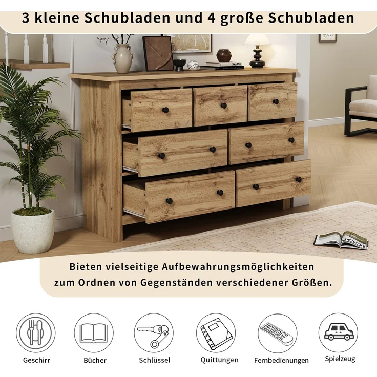 Sideboard Landhausstil Holzfarbe mit 7 geräuschlosen Schubladen, verstellbarer Mittelfuß, Kippsicherung, Stauraum – Bild 8