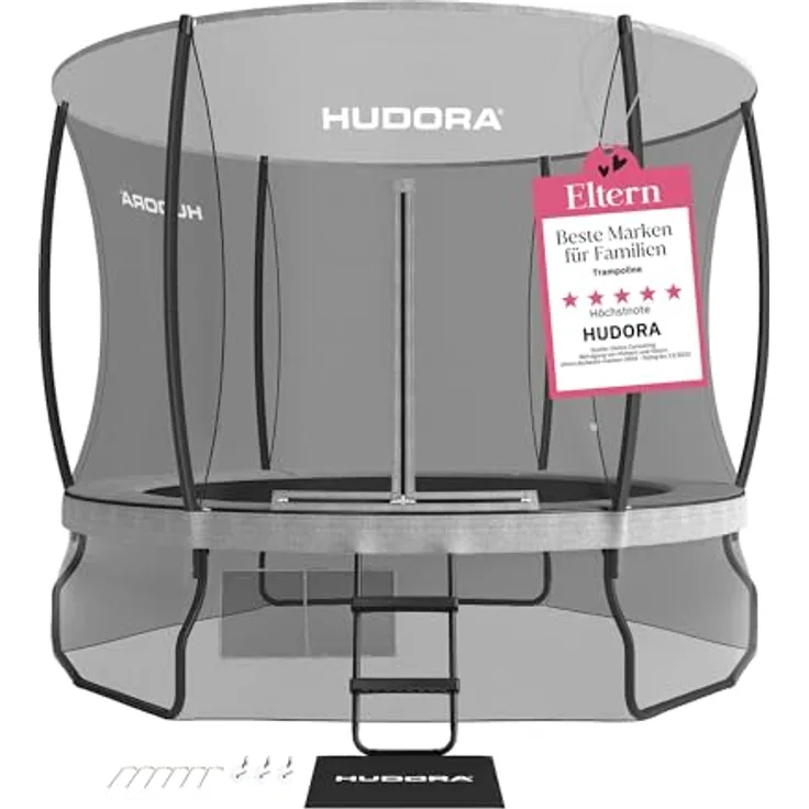HUDORA Trampolin Fantastic Complete Max - Gartentrampolin mit großem Eingang & 300cm Durchmesser - Sporttrampolin mit Rahmennetz & Leiter - Familien-Trampolin mit Randabdeckung für bis zu 120kg, grau
