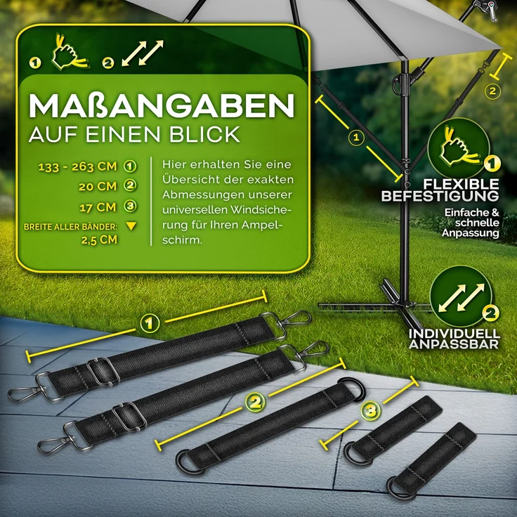 tillvex® Windsicherung für Ampelschirm bis Ø 400 cm | 5-tlg. Set mit Karabinerhaken | Sicherung für Sonnenschirm, Marktschirm & Doppelsonnenschirm | Wetterfest, winddicht, anpassbar & universal – Bild 5