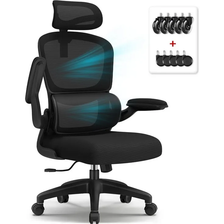 Homimaster Bürostuhl Bürostuhl, Schreibtischstuhl Ergonomisch mit Klappbaren Armlehnen (Bürostuhl mit Verstellbarer Kopfstütze, 90° Klappbare Armlehnen und Lendenwirbelstütze, Höhenverstellbarer Chefsessel aus Mesh), Bürostuhl mit maximaler Neigung von...