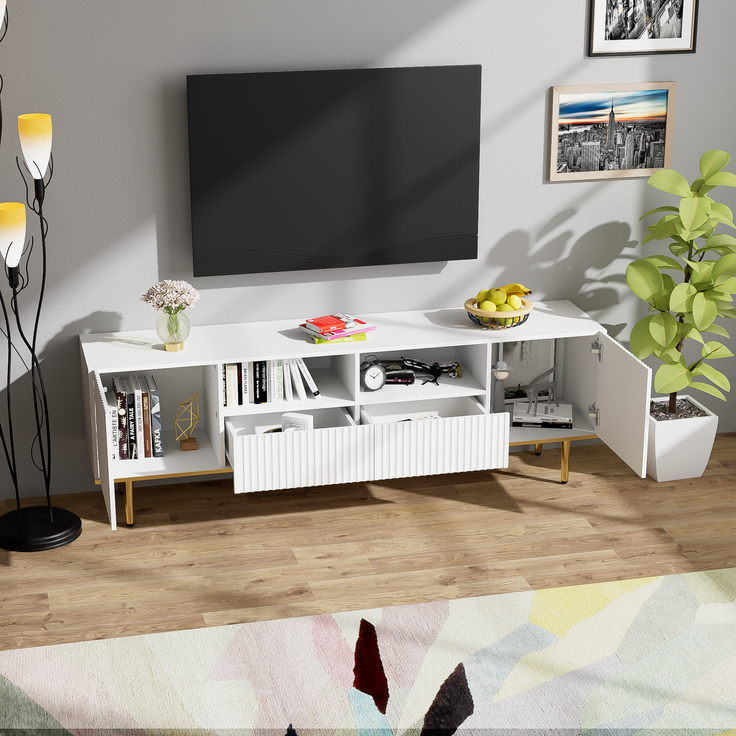 TV-Schrank 165 cm Weiß mit Gold, Lowboard Sideboard Wohnzimmerschrank, 2 Schubladen, 2 offene Fächer – Bild 6