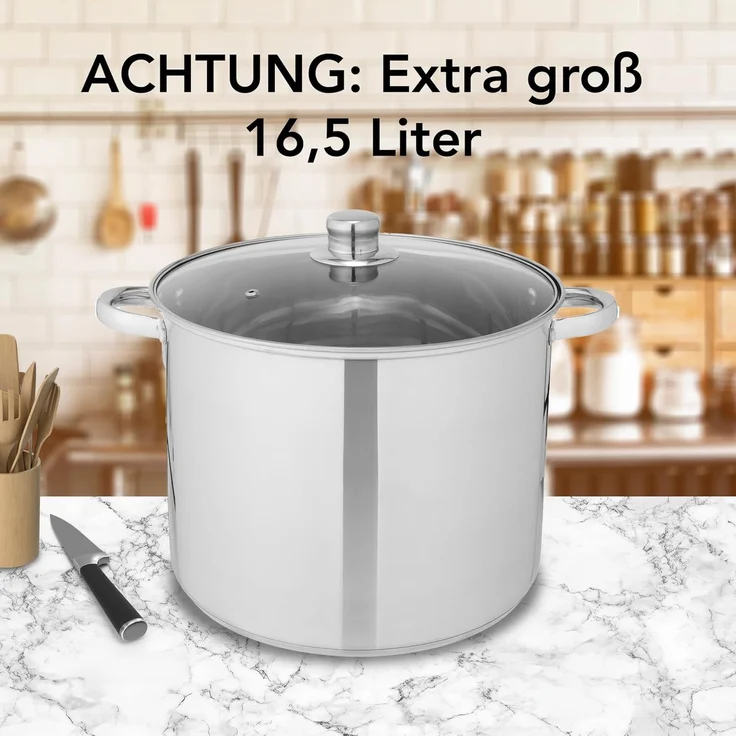 Brixy Suppentopf Stampftopf - Glasdeckel - 16,5L - 30 CM - Induktion Gas Keramik - Spülmaschinenfest - Edelstahl – Bild 9