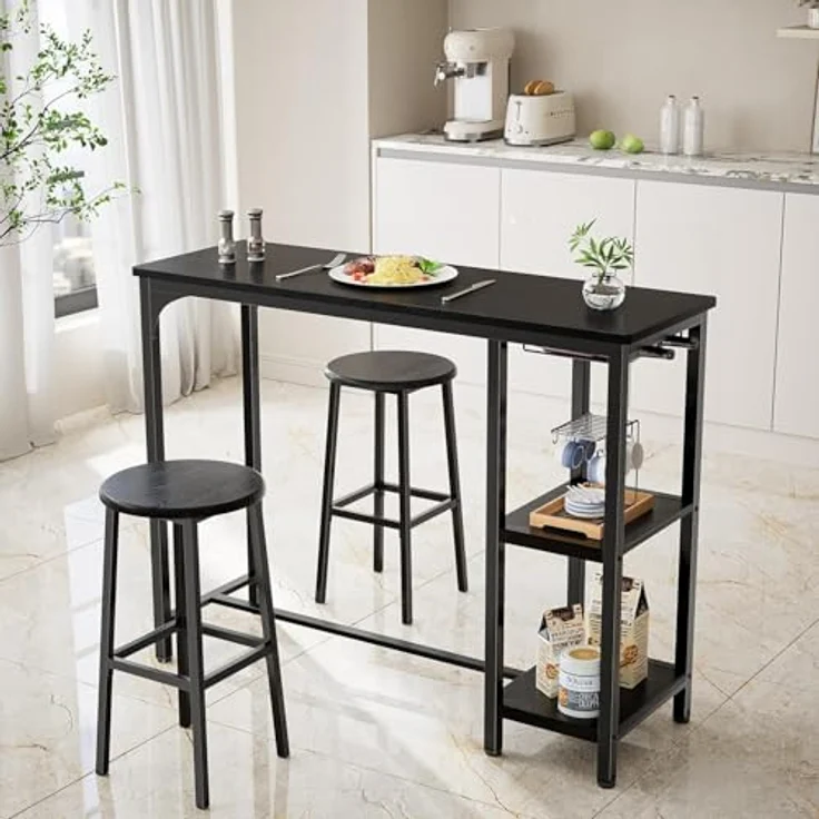 Bealife Bartisch mit Barhocker-Set, Kneipentisch-Set mit 2 Ablagen und Glashalter, Küchen-Bartisch-Set für Küche, Wohnzimmer, Esszimmer (Schwarz) – Bild 2