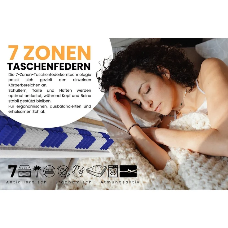 Taschenfederkernmatratze mit KOKOS 7-Zonen 20 cm hoch Härtegrad H4, Deine Möbel 24, 20 cm hoch, (Set, 1-tlg), 7 Zonen, Bezug waschbar, Punktelastisch, mit Kokosmatte – Bild 3