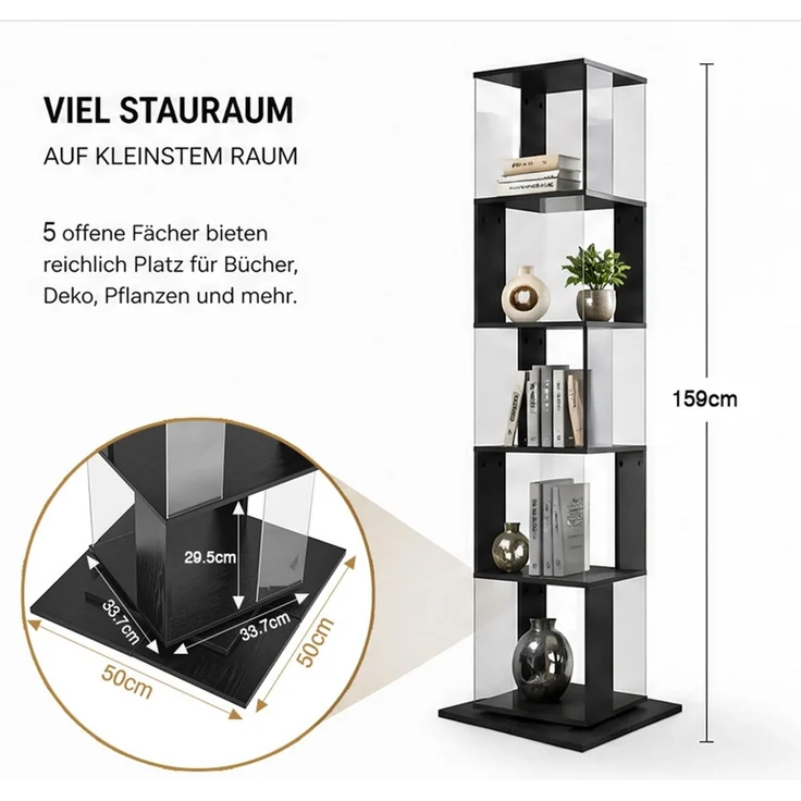 Home Nature Wohnkonzept Bücherregal/Eckregal mit 5 Ebenen für Wohnzimmer, Schlafzimmer und Home Office im Industrial Design, Schwarz, 159 × 50 × 50 cm – Bild 2