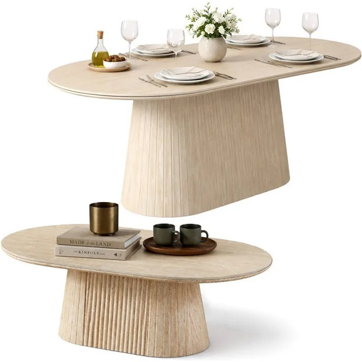 HOOZ Wohnzimmertisch Couchtisch & Esstisch Set oval Keramikplatte 130x70cm & 180x90cm Sand (Set, 1× Esstisch, 1× Couchtisch), Keramik-Tischplatte, verschiedene Varianten, pflegeleicht & stabil