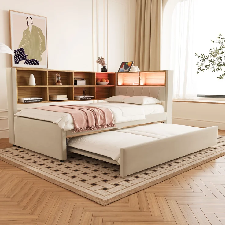 Bett 90x200 cm mit Ausziehbett 90x190 cm, Flanellbezug in Beige, mit Stauraum und LED-Beleuchtung – Bild 1