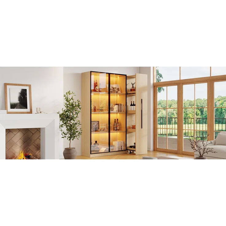 ZUBALIYA Multifunktionsschrank 110,5×35×160cm-Vitrine mit Glastür und LED, Seitenauszug, Rollschrank - Hochschrank im modernen Stil, Vitrine,Esszimmerschrank,Bücherregal, Badezimmerschrä – Bild 21