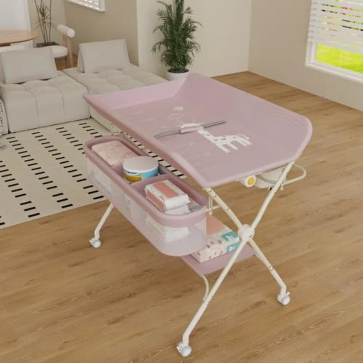 Wickeltisch, zusammenklappbar, mit Aufbewahrungskorb, Struktur aus Eisen, max. Belastung 25 kg, für Neugeborene, ergonomisches Design, Wickeltisch, 75 x 68 x 83–91 cm (A) Rosa – Bild 2