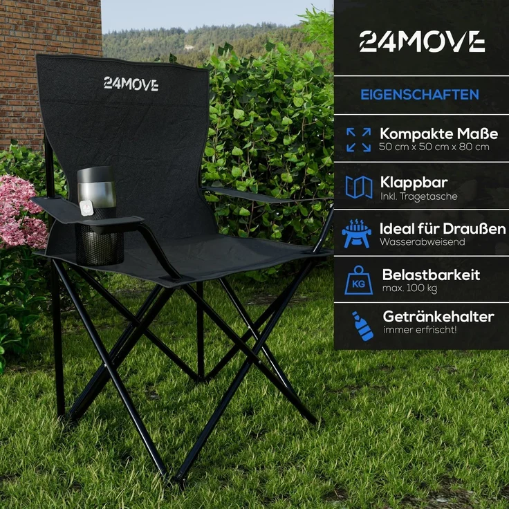 24Move Campingstuhl 24MOVE® Campingstuhl, 2er Set, Anglerstuhl, Getränkehalter, schwarz, mit Tragetasche, schwarz, Klappstuhl, bis 100kg belastbar – Bild 4