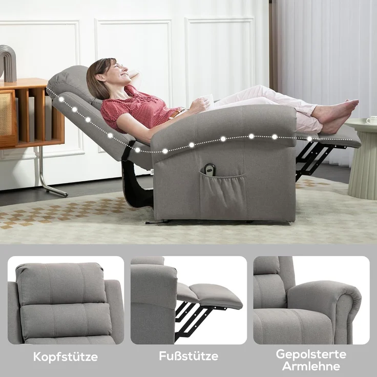 HOMCOM Massagesessel Sessel mit Aufstehhilfe, Fernsehsessel mit Leinenoptik (Relaxsessel, 1-St, Kinosessel), bis 150 kg belastbar, Hellgrau – Bild 8