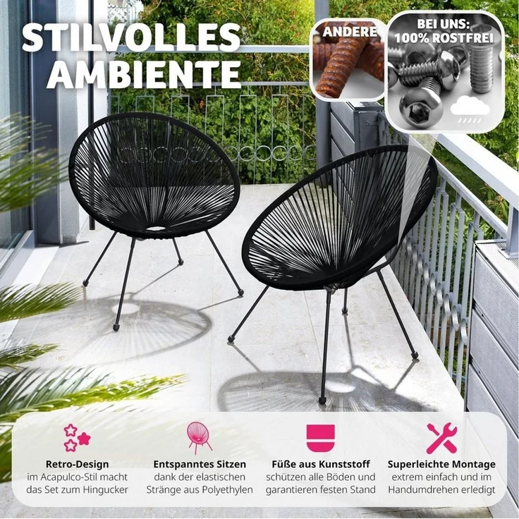 tectake 800988 2er Set Acapulco Garten Stuhl, Relaxsessel im Retro Design, Indoor und Outdoor, Lounge Sessel für Garten Balkon und Terrasse (Schwarz | Nr. 404405) – Bild 2