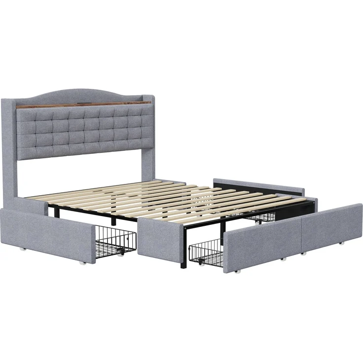 Polsterbett 140x200 cm mit 4 Schubladen und USB-Kopfteil – Leinenstoff Grau, flaches Doppelbett – Bild 10