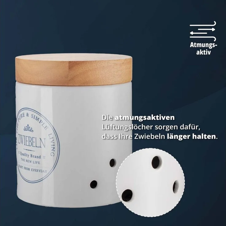 KHG Zwiebeltopf Keramik Steingut Weiß Holzdeckel Bambus, Zwiebel Aufbewahrung für 1kg oder Kapazität 3 Liter, Zwiebeldose rund, atmungsaktiven Luftlöcher & Beschriftung, spülmaschinengeeignet – Bild 4