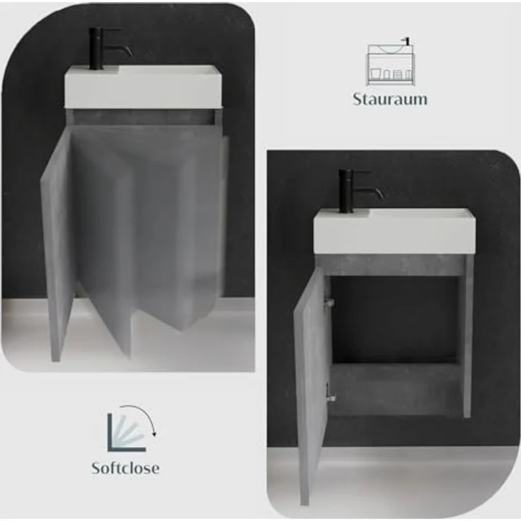 Alpenberger Badmöbel-Set Gäste WC Waschbecken mit Unterschrank - Badschrank Hängend, (Hängeschrank mit Softclose, Waschtisch mit Unterschrank Cement), Gäste WC Möbel - Kleiner Badezimmerschrank Vormontiert – Bild 5
