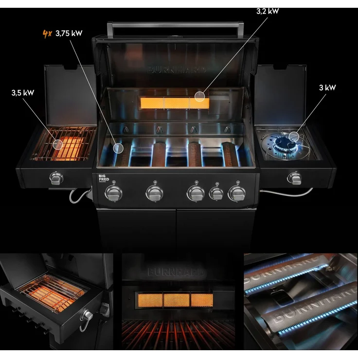 BURNHARD® Gasgrill 4-Brenner, 24,7 kW, Infrarot-Keramikbrenner, Seitenkochfeld, Heckbrenner, Edelstahlrost, Piezo-Zündung, Edelstahl-Brennkammer, große Grillfläche – Big FRED Deluxe+ - Schwarz - #947146 – Bild 2