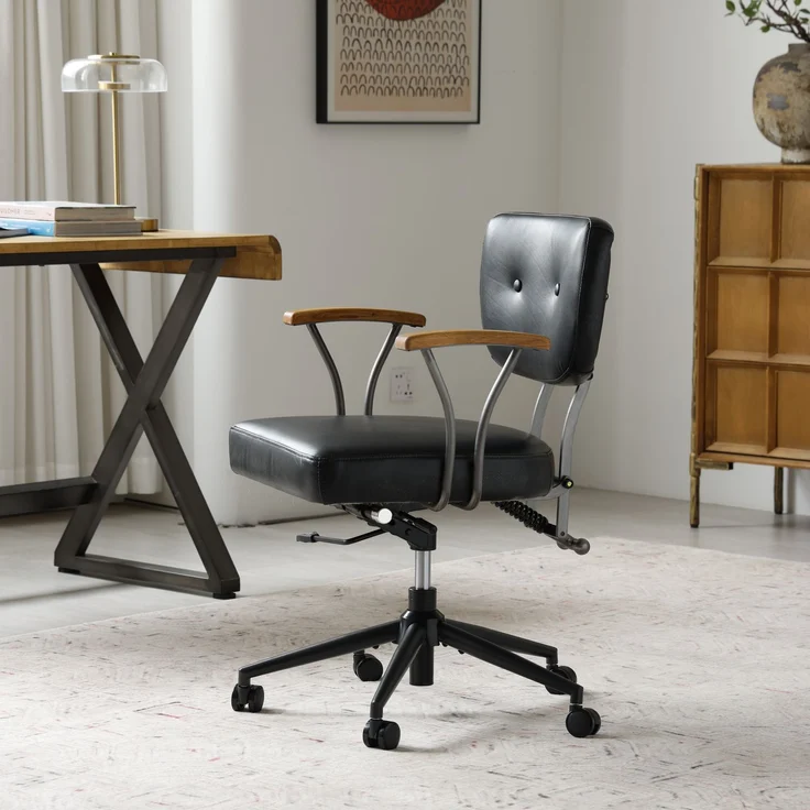 Bürostuhl aus Echtleder in Schwarz, ergonomisch, drehbar, höhenverstellbar, mit Rollen und Stahlrahmen, 1er-Set,H 82 x T 63 x B 51 cm – Bild 1