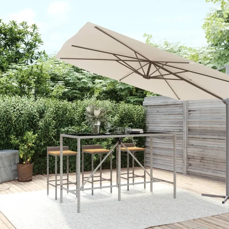 Bartisch, Gartentisch, Küchentisch mit Glasplatte Grau 180 x 70 x 110 cm Poly Rattan