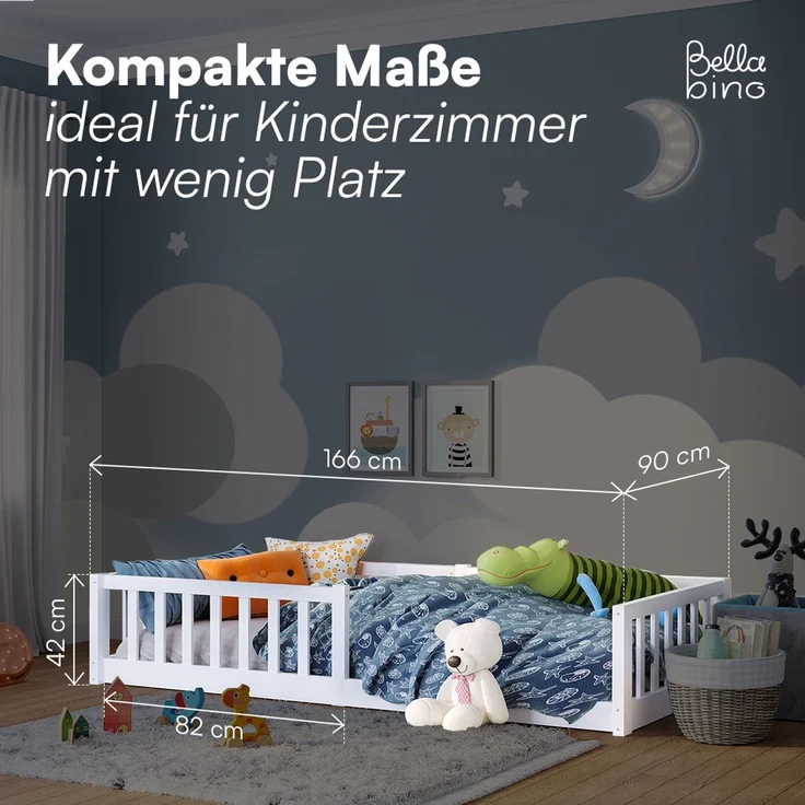 Bellabino 'Vere' Bodenbett 80x160 cm mit Matratze, weiß, Massivholz Kiefer, Montessori Kinderbett mit Rausfallschutz und Lattenrost – Bild 8