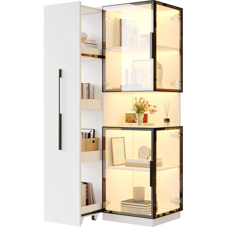 Vitrine 70x38x160 cm in Weiß mit Hartglas, Ausziehregalen und LED – Bild 4
