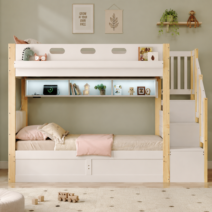 U-life Etagenbett 90x200 cm, fürs Kinderzimmer, Kinderbett, Holzbett, LED-Beleuchtung, USB-Aufladen, Massivholz, Weiß – Bild 5