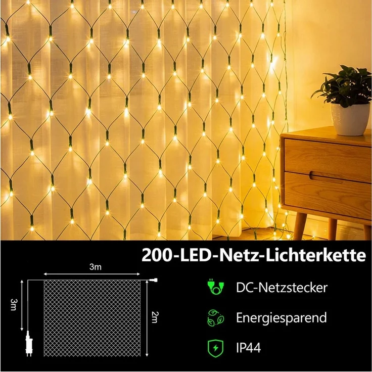 OZAVO LED-Lichternetz 3x2m,200 LED Lichterkette Außen mit Fernbedienung & Timer & 8 Modi, 200-flammig, Wasserdicht Lichternetz Innen für Büsche, Garten, Balkon und Zimmer – Bild 2