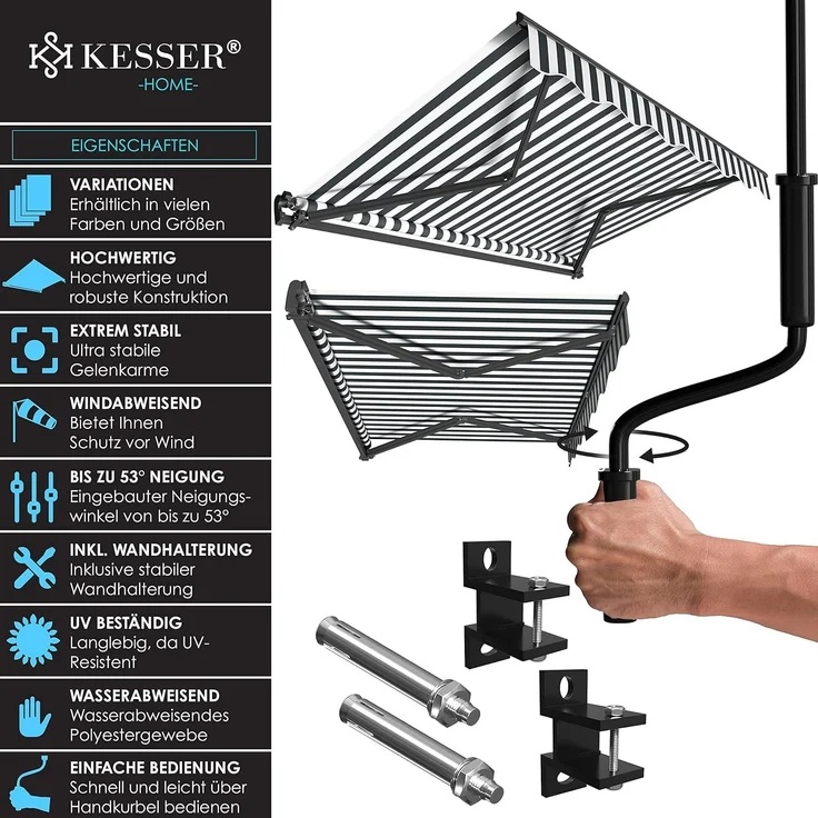 KESSER® Gelenkarmmarkise Markise Gelenkmarkise 300x250 cm Terrassenmarkise Klemmmarkise Sonnenmarkise inkl. Wandhalterung Sonnenschutz Balkonmarkise wasserabweisend Alu/Polyester, Weiß/Anthrazit – Bild 2