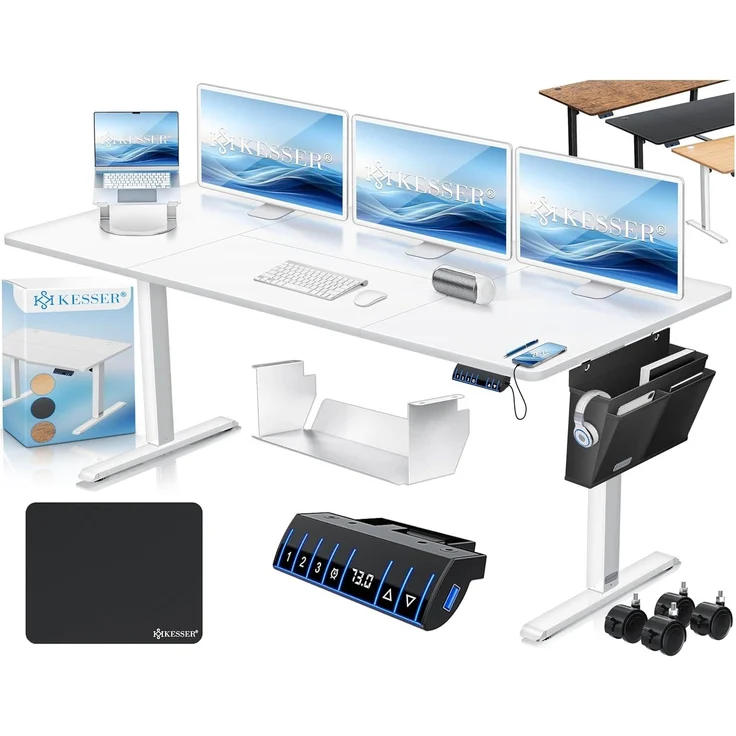 KESSER® Höhenverstellbarer Schreibtisch elektrisch | Ergonomisch Steh-Sitz Schreibtisch | 3-Funktions-Memory Steuerung | Inkl. 360° Rollen & USB-Ladeanschluss | Computertisch für Homeoffice Weiß, 180 x 80 cm