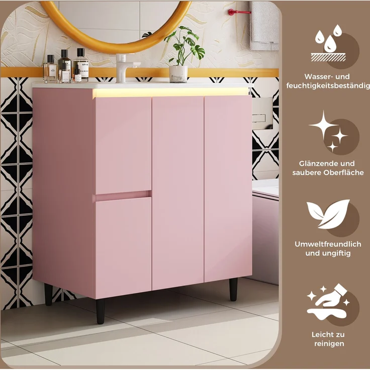 Waschtischunterschrank 76x47x89 cm in Rosa, mit Keramikbecken und LED-Sensorlicht – Bild 7