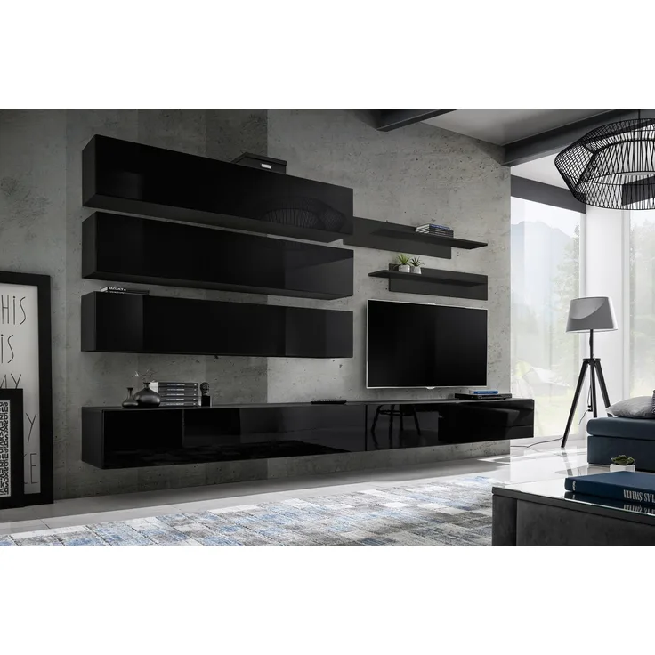 Hängende Wohnwand Fly J1 in Schwarz 320 x 180 cm 6-teilig