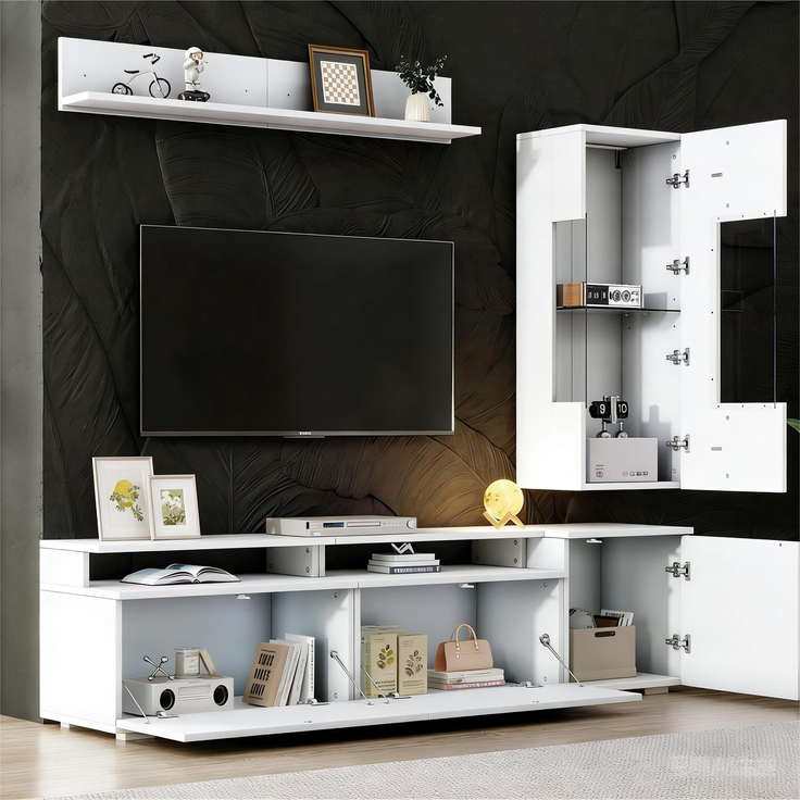 TV-Wohnwand 3-teilig 180x40x45 cm, Weiß Hochglanz mit LED, Vitrine und Wandregal – Bild 4