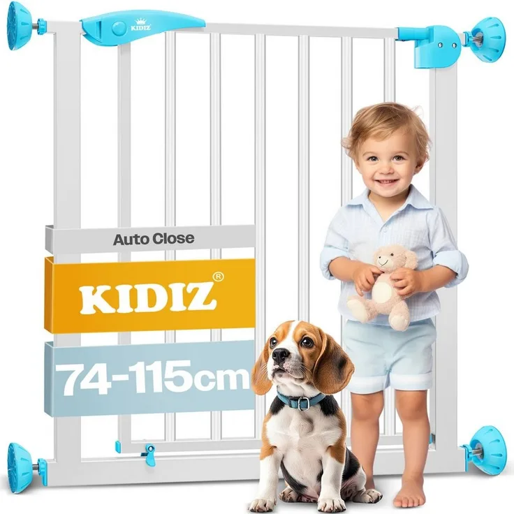 KIDIZ® Schutzgitter für Treppen | Tür, Auto Close Kindertreppengitter ohne Bohren | 90° Stop, Absperr Türschutzgitter, schwenkbare Trennwand, Treppenschutzgitter, Klemmen 88 - 101 cm WEISS