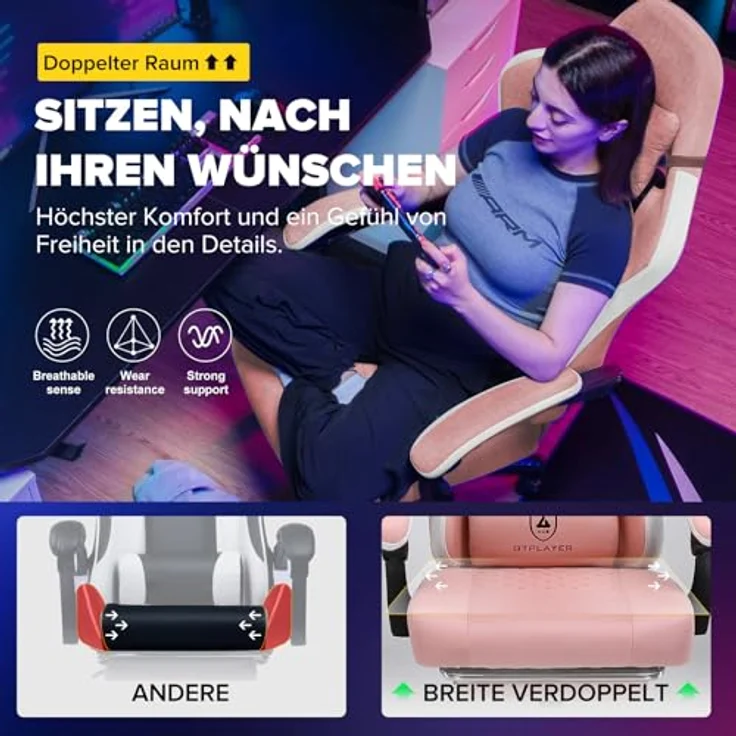 GTPLAYER Gaming Stuhl Ergonomischer Gaming Sessel Schreibtischstuhl mit Stoffoberfläche, Federsitzkissen, Verbindungsarmlehnen und Fußstütze ROSA – Bild 5