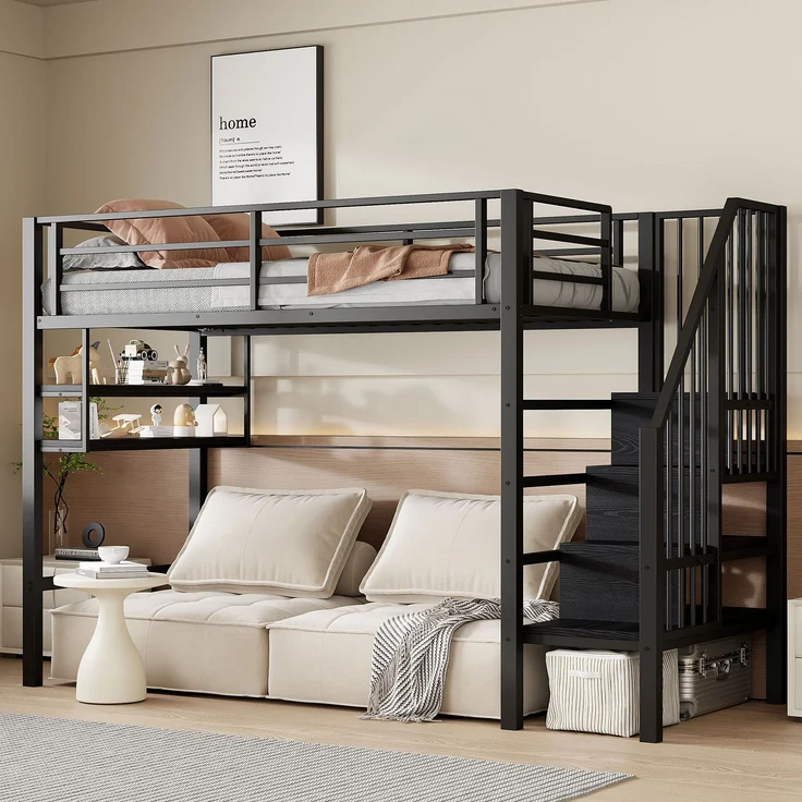 Bett 90x200 cm Hochbett mit Stauraumleiter und Einlegeböden – platzsparendes Kinderhochbett in Schwarz – Bild 2