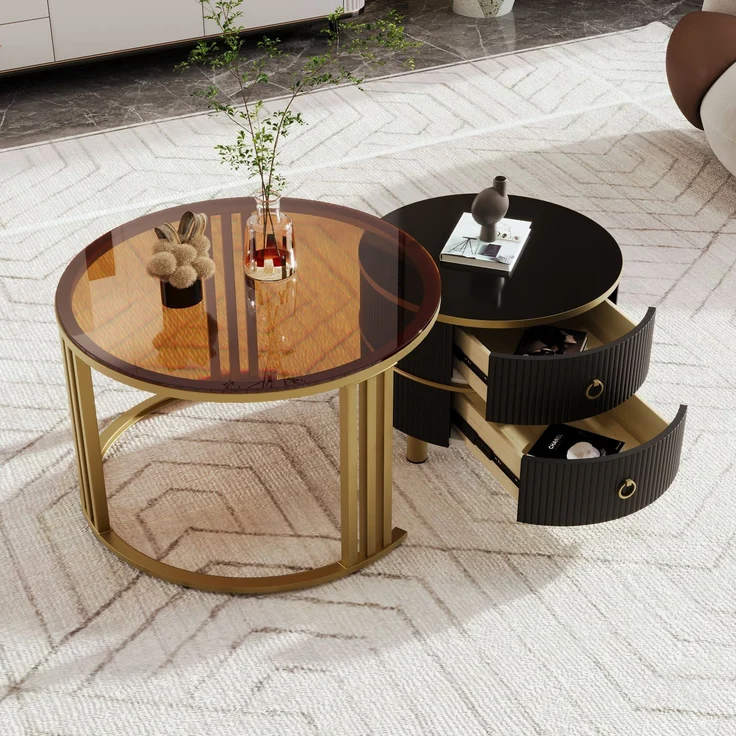 Couchtisch 2-teilig Set mit brauner Glasplatte Hochglanz, Schubladen, Gold Metallbeine,Gold und Schwarz – Bild 3